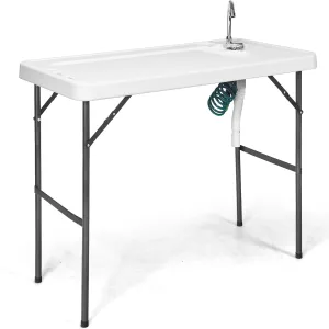 PETSITE Fish Cleaning Table, Portable Camping Sink with Faucet, Outdoor Picnic Foldable Washing Table, White