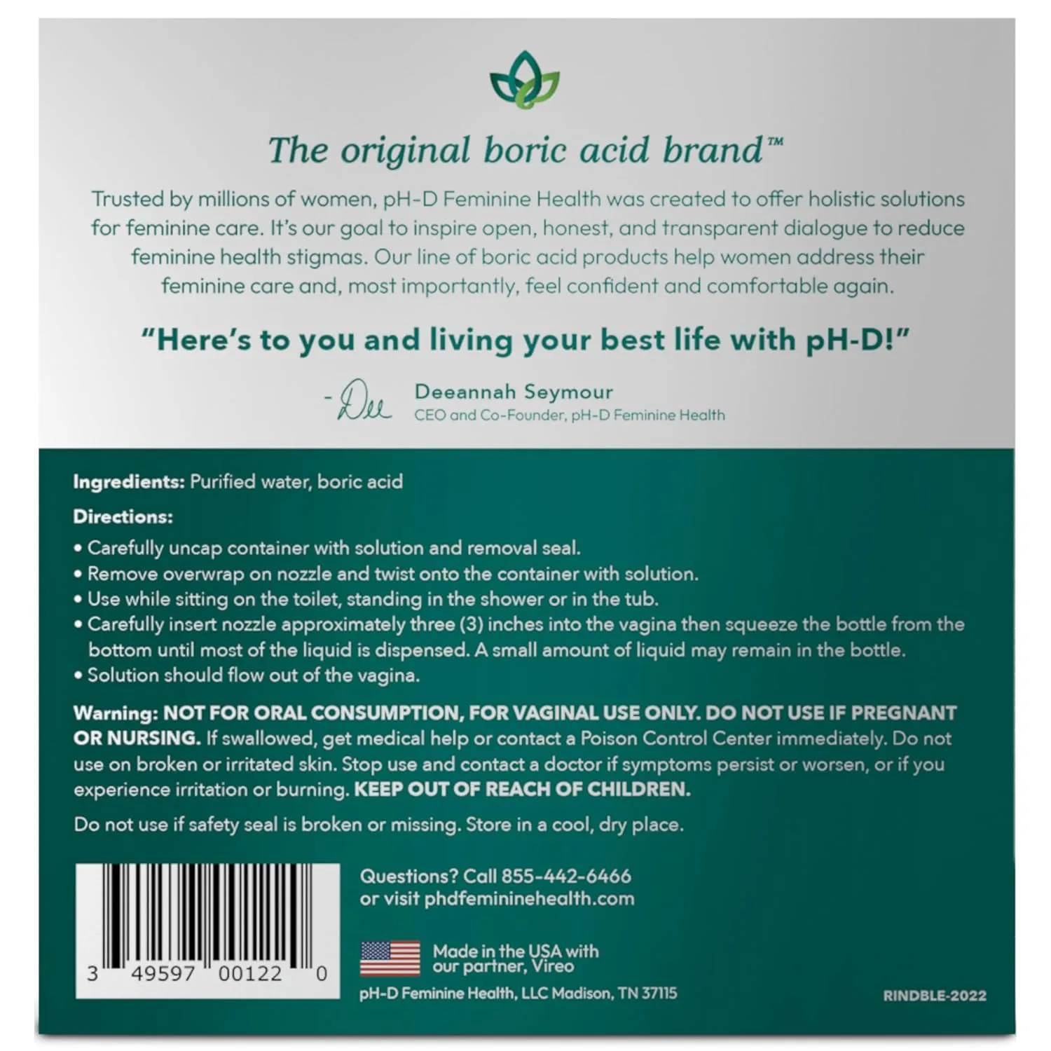 pH-D Feminine Health Support - Instant Odor Rinse with Boric Acid for Vaginal Odor - Vegan, Paraben-Free, Cruelty-Free, 6 Fl Oz Total, (3 Fl Oz, Pack of 2)