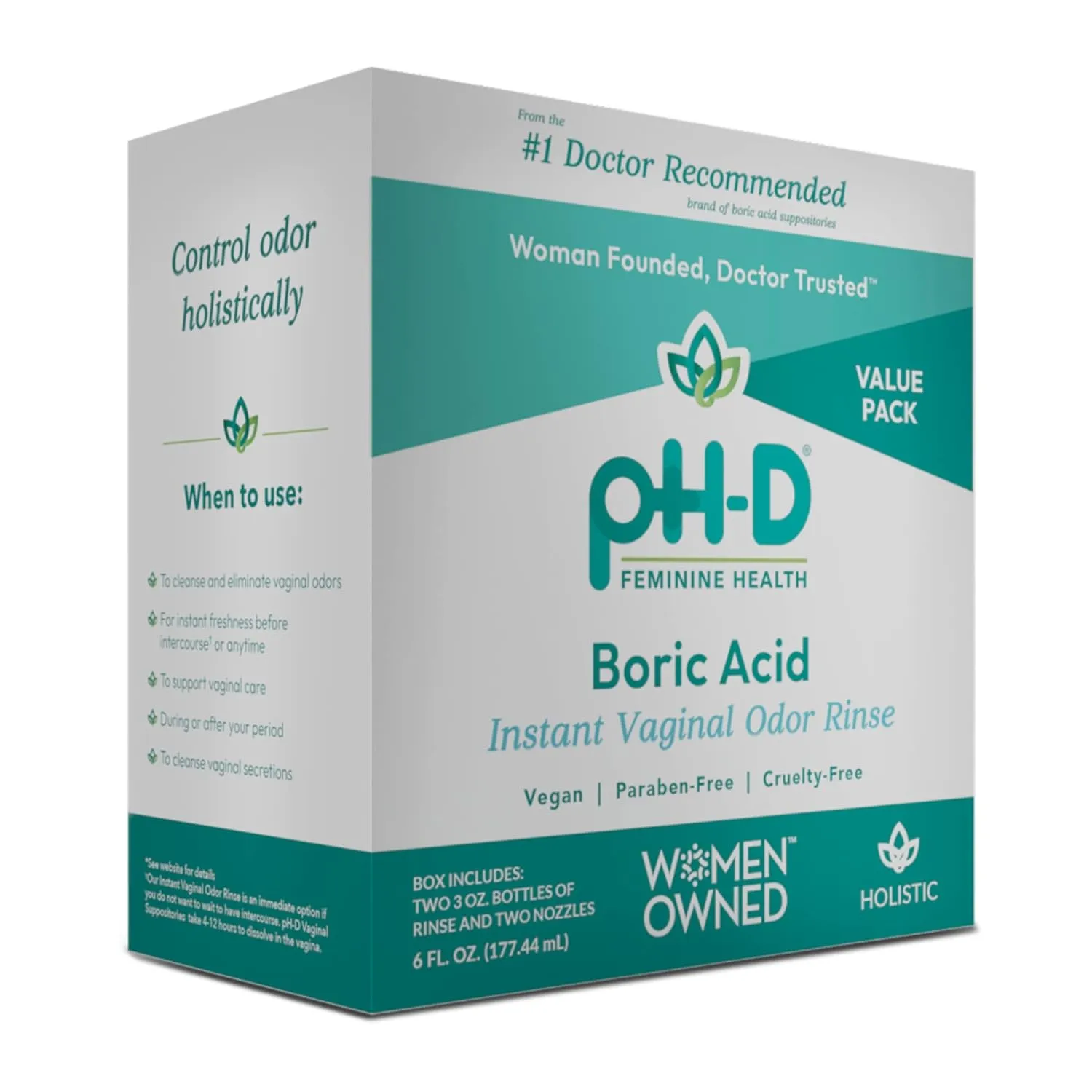 pH-D Feminine Health Support - Instant Odor Rinse with Boric Acid for Vaginal Odor - Vegan, Paraben-Free, Cruelty-Free, 6 Fl Oz Total, (3 Fl Oz, Pack of 2)