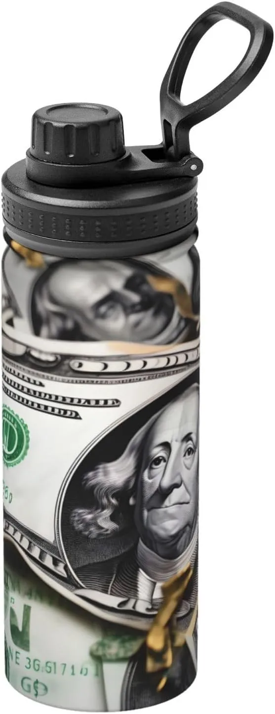 PHAYAH Banknote Patterns Camping Hiking Hydration Flask Stainless Steel, Double Walled & Vacuum Insulated Water Bottle