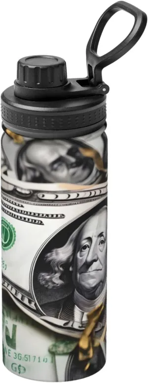 PHAYAH Banknote Patterns Camping Hiking Hydration Flask Stainless Steel, Double Walled & Vacuum Insulated Water Bottle