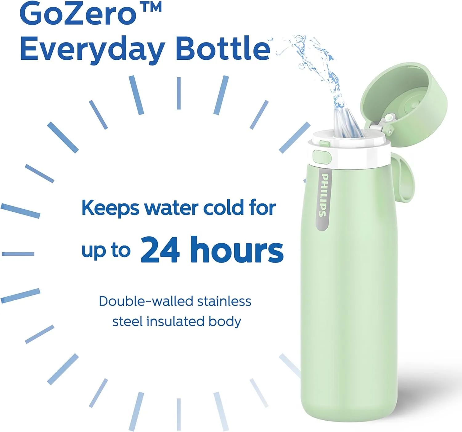 PHILIPS Water Bottle with Filter, Filter Water Bottle Stainless Steel with GoZero Everyday BPA-Free Tap Water Filter, Water Filter Bottle Keep Drink Cold 24 Hours