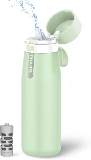 PHILIPS Water Bottle with Filter, Filter Water Bottle Stainless Steel with GoZero Everyday BPA-Free Tap Water Filter, Water Filter Bottle Keep Drink Cold 24 Hours