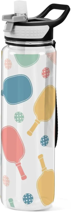 Pickleball Balls and Paddle Water Bottle with Straw, BPA-Free Plastic Sports Water Bottle for Fitness, Gym, Camping, Outdoor Sports,32 oz