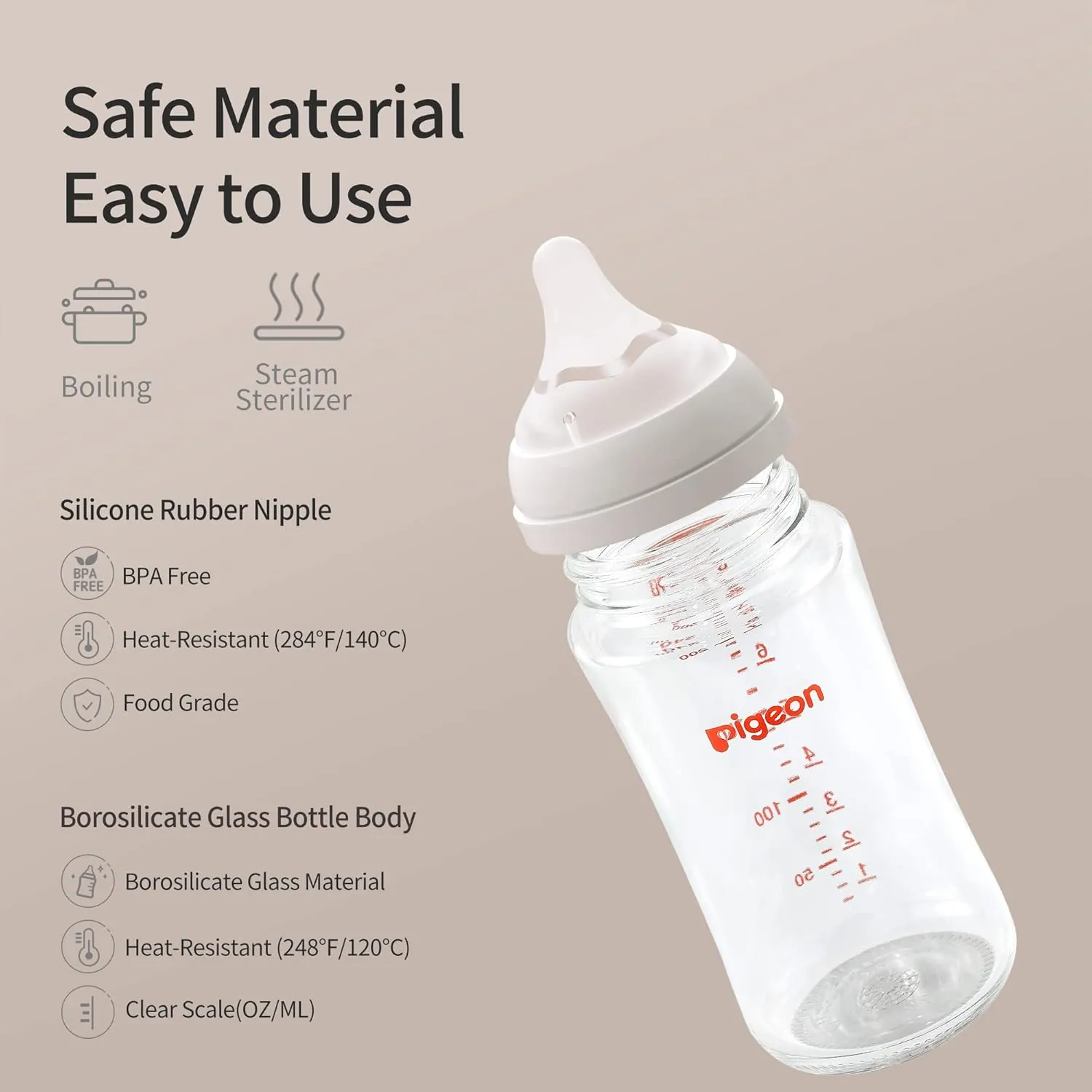 Pigeon Glass Nursing Bottle Wide Neck, Anti-Colic, Streamlined Body, Natural Feel, Easy to Clean, Heat-Resistant, 8.1 Oz(Pack of 2), Includes 2pcs M Nipples (3m )