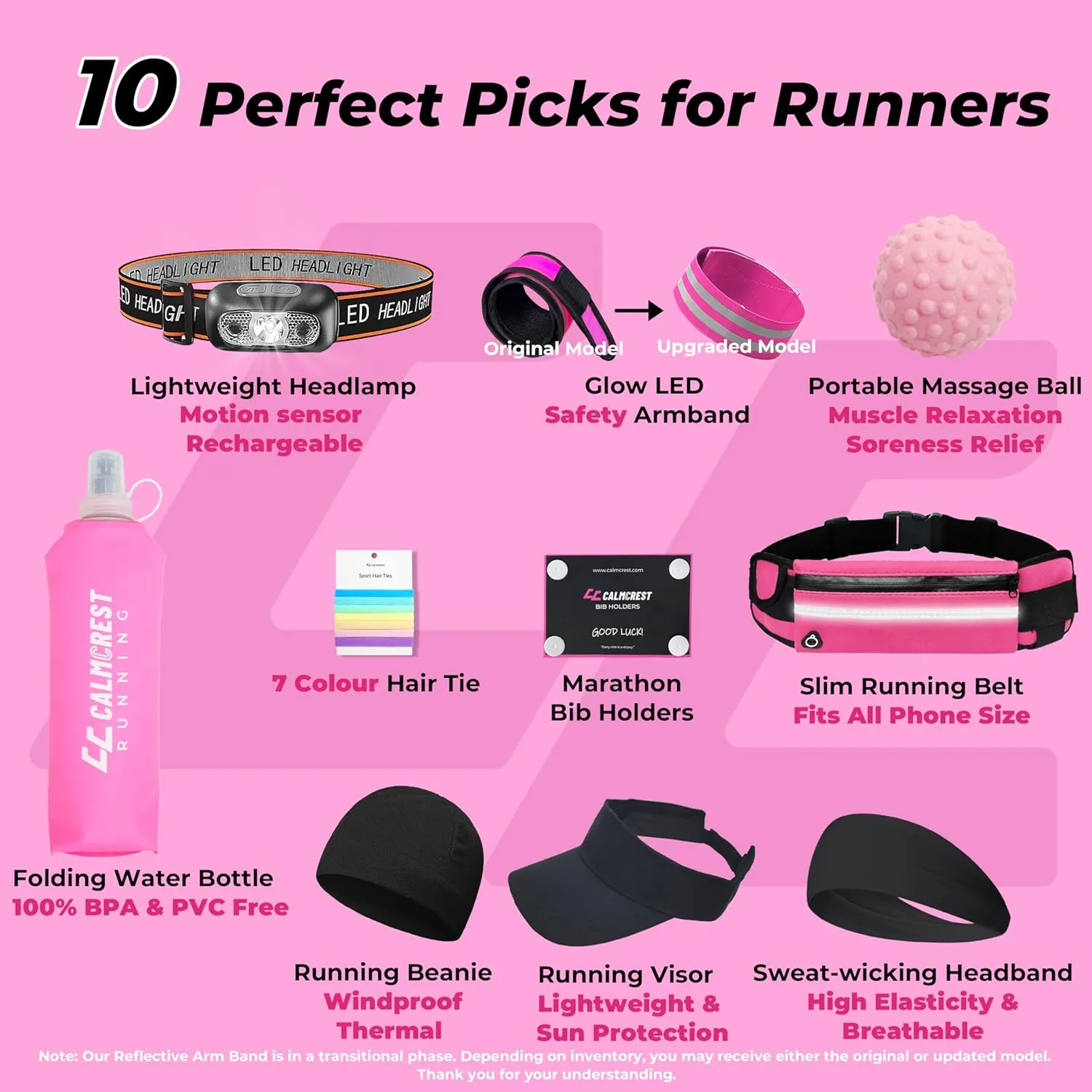 Pink Running Gift Box for Women – 10 Premium Running Essentials, Includes Running Belt, Waterproof Headlamp, Water Bottle, Running Beanie, 7 Colored Hair Ties & More – Gift For Runners