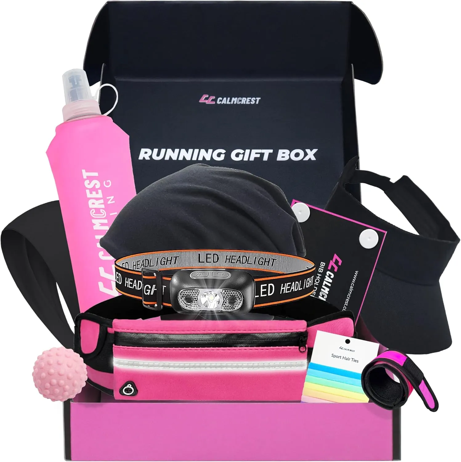 Pink Running Gift Box for Women – 10 Premium Running Essentials, Includes Running Belt, Waterproof Headlamp, Water Bottle, Running Beanie, 7 Colored Hair Ties & More – Gift For Runners