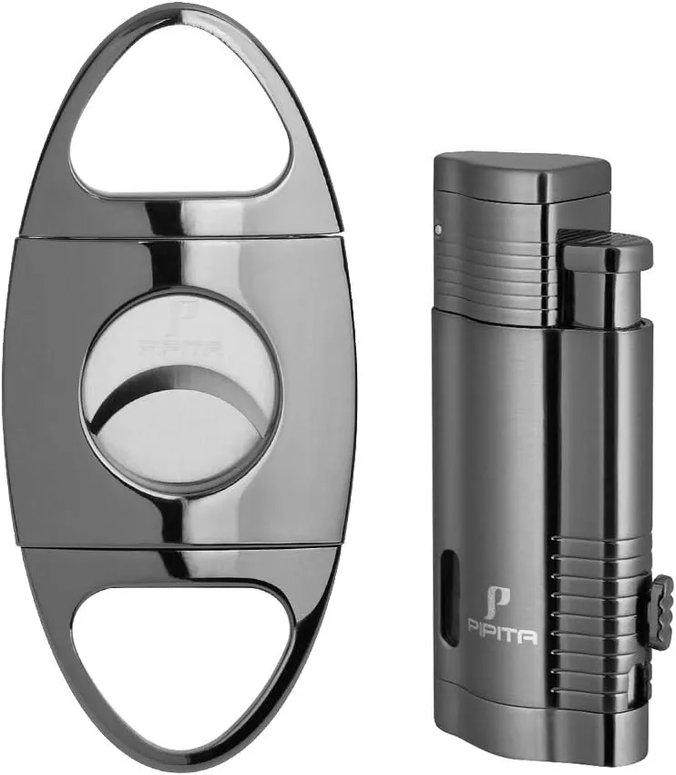 PIPITA Cigar Lighter and Cigar Cutter Set (2pcs/Set), Jet 3 Flame Cigar Lighter Torch and Cigar Cutter, Packing with Nice Gift Box (Black, Lighter Cutter)