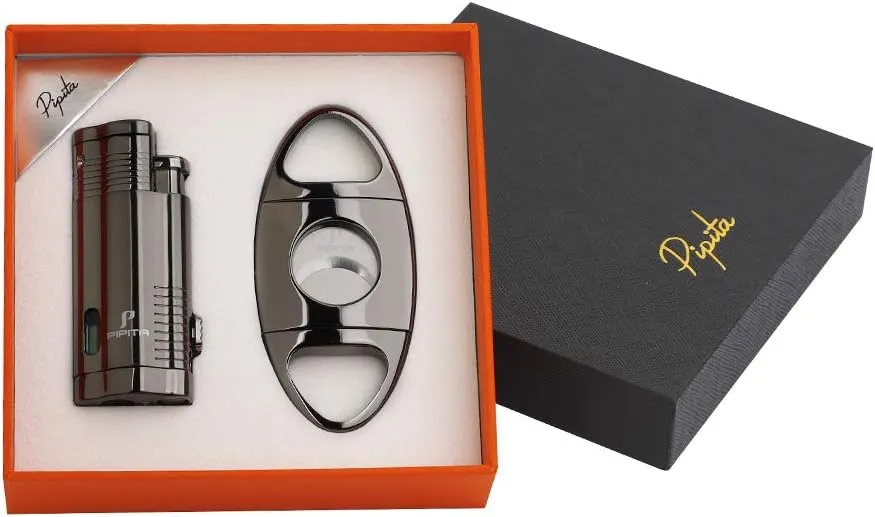 PIPITA Cigar Lighter and Cigar Cutter Set (2pcs/Set), Jet 3 Flame Cigar Lighter Torch and Cigar Cutter, Packing with Nice Gift Box (Black, Lighter Cutter)