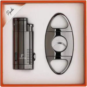 PIPITA Cigar Lighter and Cigar Cutter Set (2pcs/Set), Jet 3 Flame Cigar Lighter Torch and Cigar Cutter, Packing with Nice Gift Box (Black, Lighter Cutter)