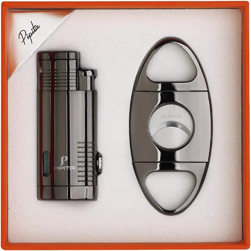 PIPITA Cigar Lighter and Cigar Cutter Set (2pcs/Set), Jet 3 Flame Cigar Lighter Torch and Cigar Cutter, Packing with Nice Gift Box (Black, Lighter Cutter)