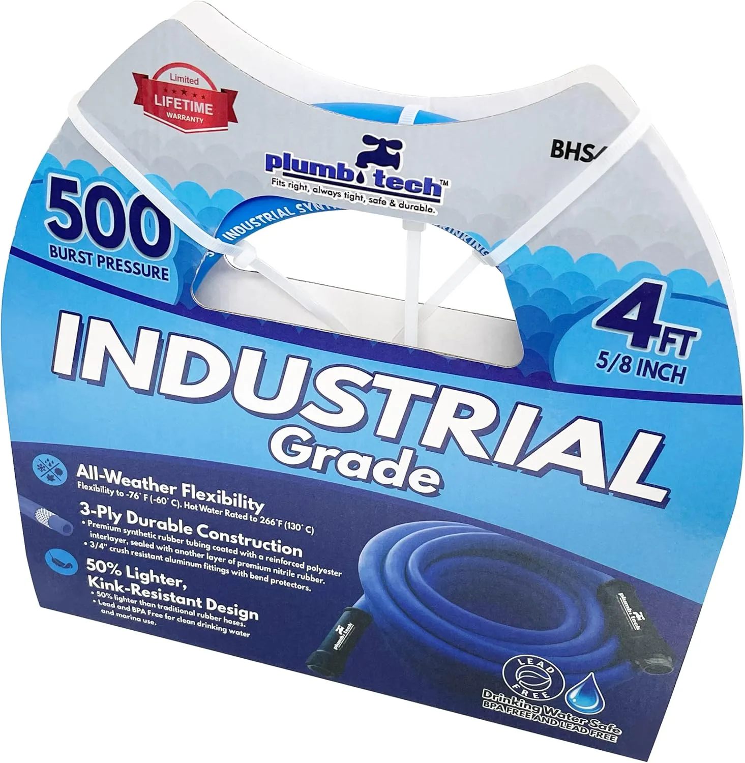 PlumbTech BHS4 Industrial-Grade Dual-Purpose BPA-Free Drinking Water-Safe Synthetic Rubber Hose, Blue, 5/8" Diameter x 4' Long