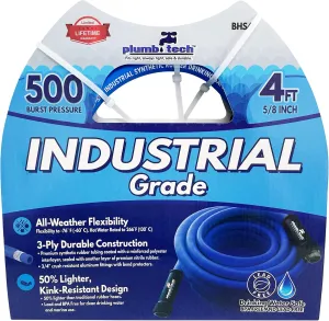 PlumbTech BHS4 Industrial-Grade Dual-Purpose BPA-Free Drinking Water-Safe Synthetic Rubber Hose, Blue, 5/8" Diameter x 4' Long