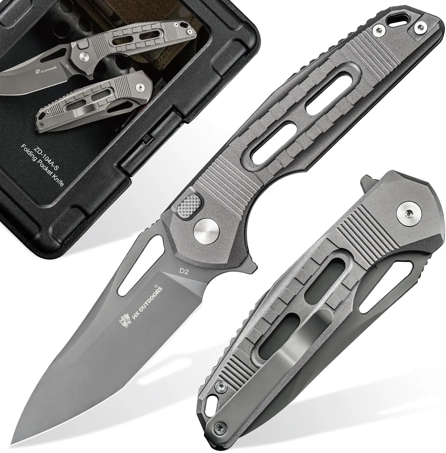 Pocket Folding Knife with Lock Clip, Premium D2 Steel Foldable EDC Camping Knife with Non Slip Aluminium Alloy Handle for Men，Outdoor, Survival, Camping, Hiking