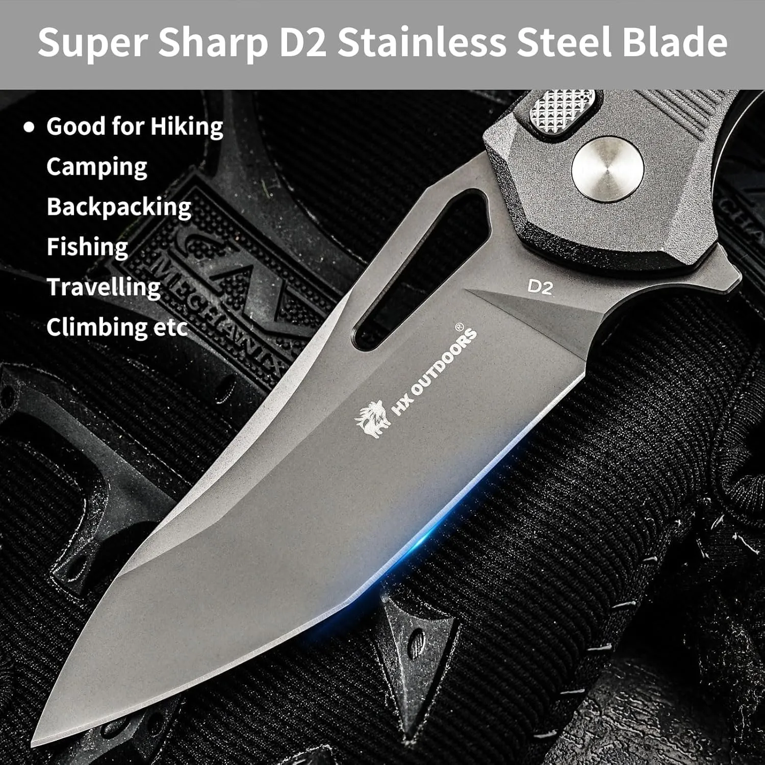 Pocket Folding Knife with Lock Clip, Premium D2 Steel Foldable EDC Camping Knife with Non Slip Aluminium Alloy Handle for Men，Outdoor, Survival, Camping, Hiking