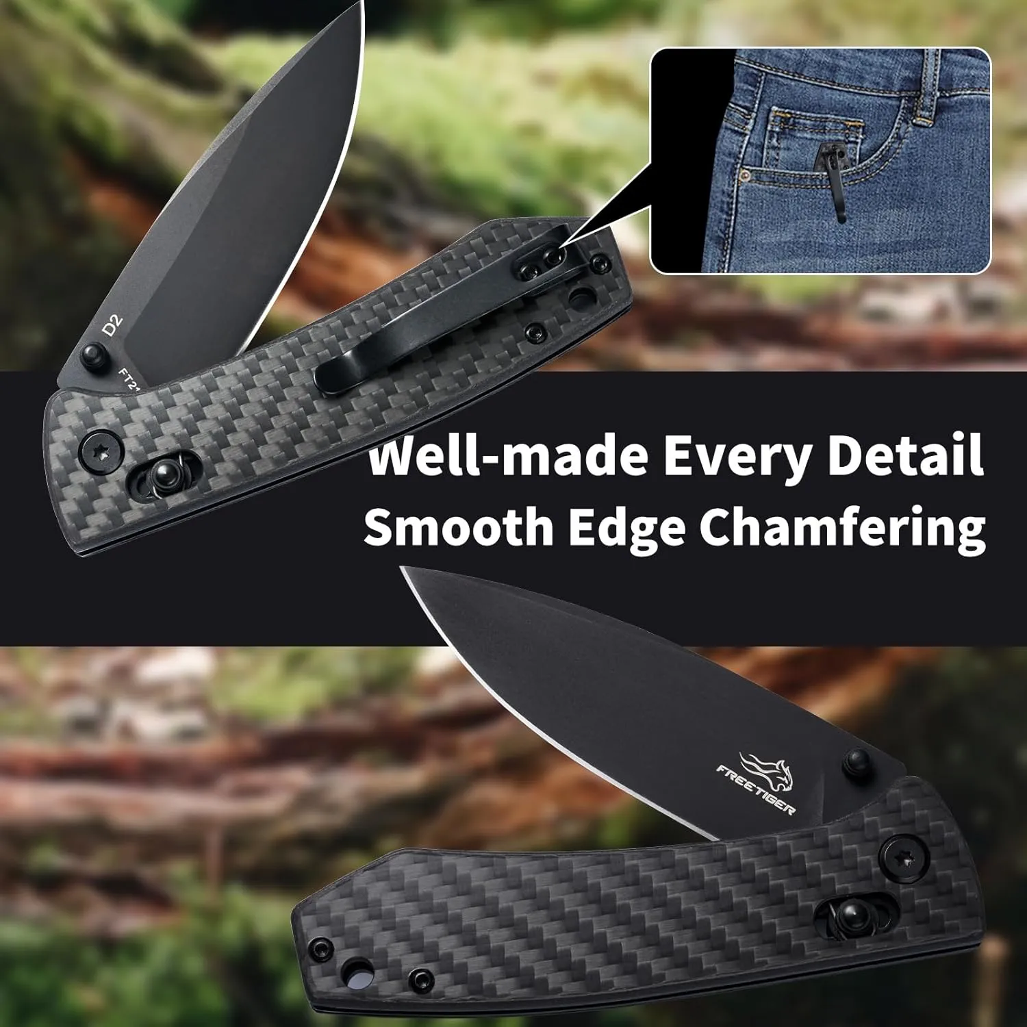 Pocket Knife for Men Women - EDC D2 Folding Knife with Clip, Carbon Fiber Handle, Axis Lock Knives for Work Camping Hiking, Gifts Knives for Dad Husband