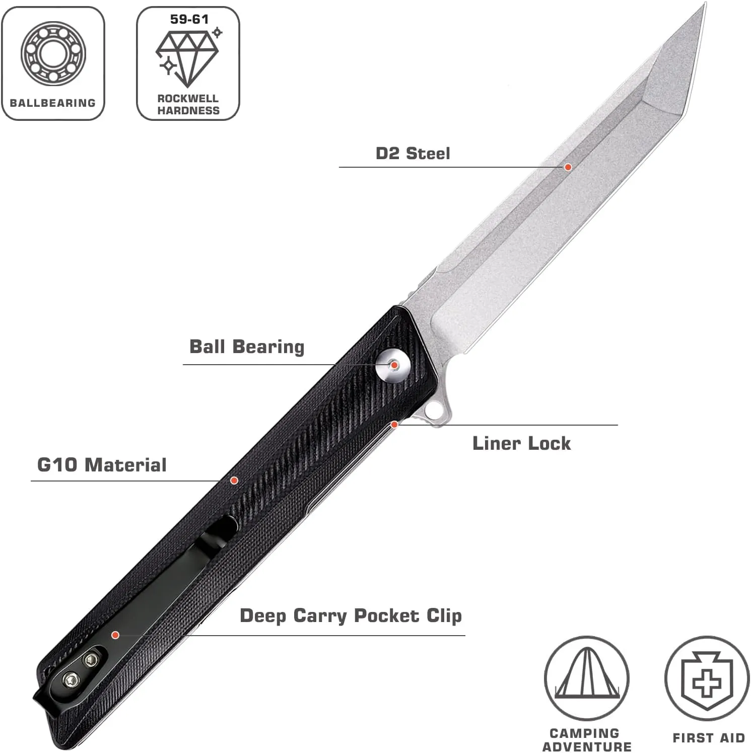 Pocket Knife GD22K, Flipper Open D2 Steel Tanto Folding knife with Durable G10 Handle,Men Women Everyday Carry EDC Knife,Sharp Camping Hiking Daily Work Knives