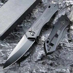 Pocket Knife Push Button Lock Folding Knife for EDC Black Aluminum Handles Black 9Cr18MoV Blade Everyday Carry Knife for Men Women, Lightweight for Indoor Outdoor Gift
