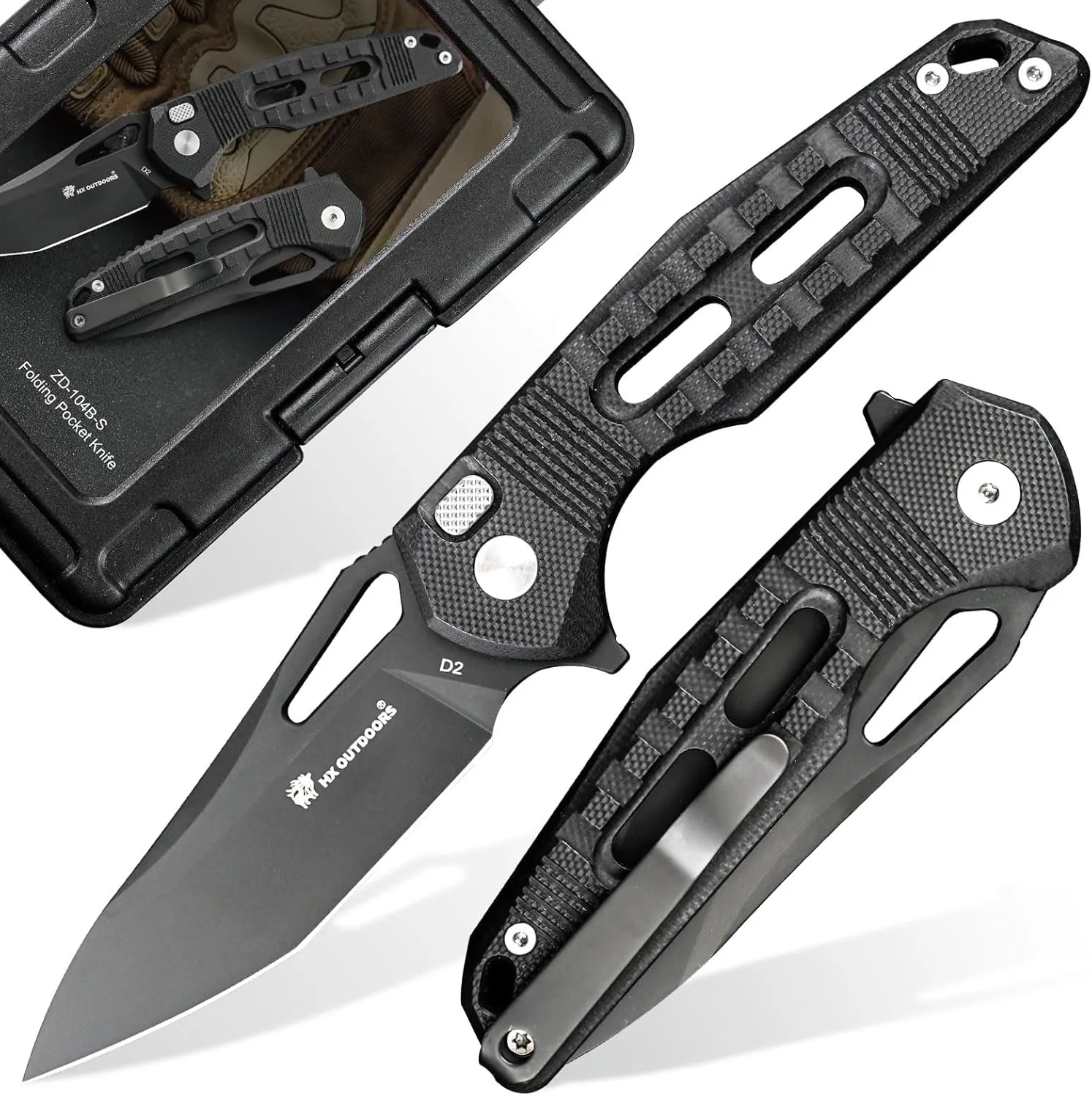 Pocket Knife with Lock, Premium D2 Steel Folding Knife with Pocket Clip and Non Slip G10 Handle for Men，Outdoor, Survival, Camping, Hiking