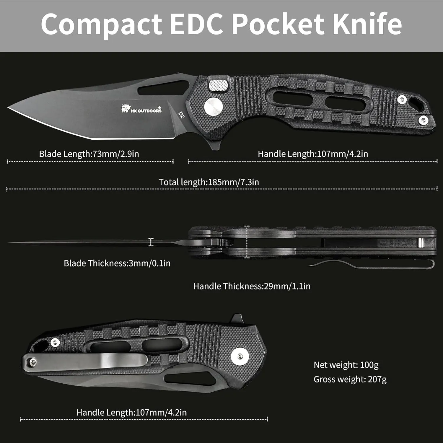 Pocket Knife with Lock, Premium D2 Steel Folding Knife with Pocket Clip and Non Slip G10 Handle for Men，Outdoor, Survival, Camping, Hiking