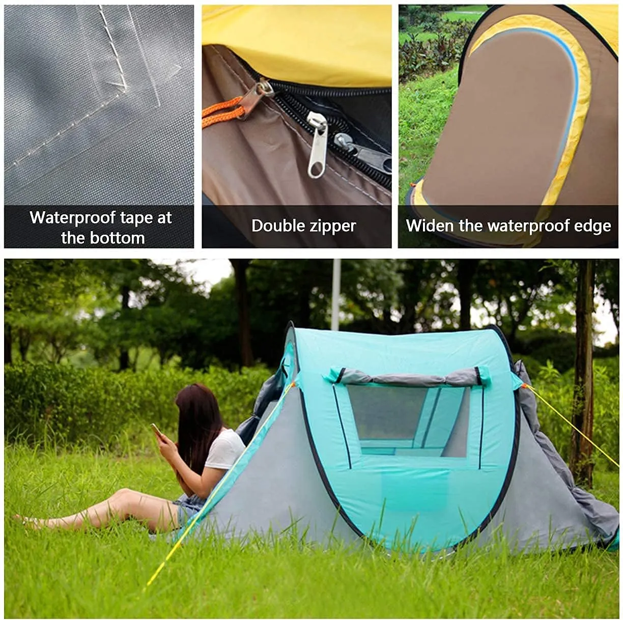 Pop Up Tent - 2 Layer 3-4 Person Pop-Up Tunnel Tent,Camping Tent,Dome Tent with 2 Doors 2 Window