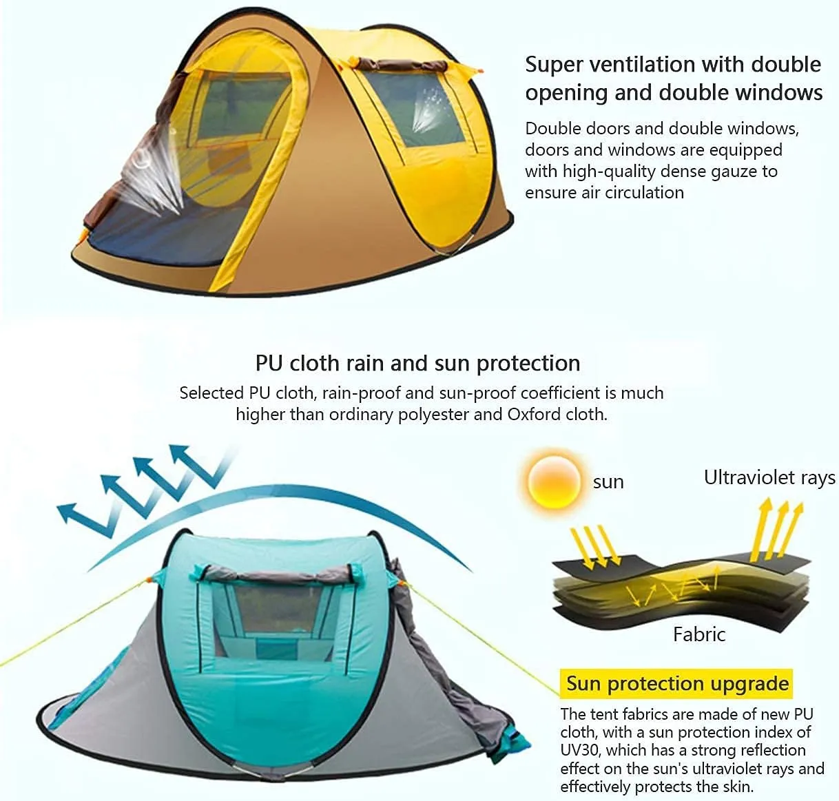 Pop Up Tent - 2 Layer 3-4 Person Pop-Up Tunnel Tent,Camping Tent,Dome Tent with 2 Doors 2 Window