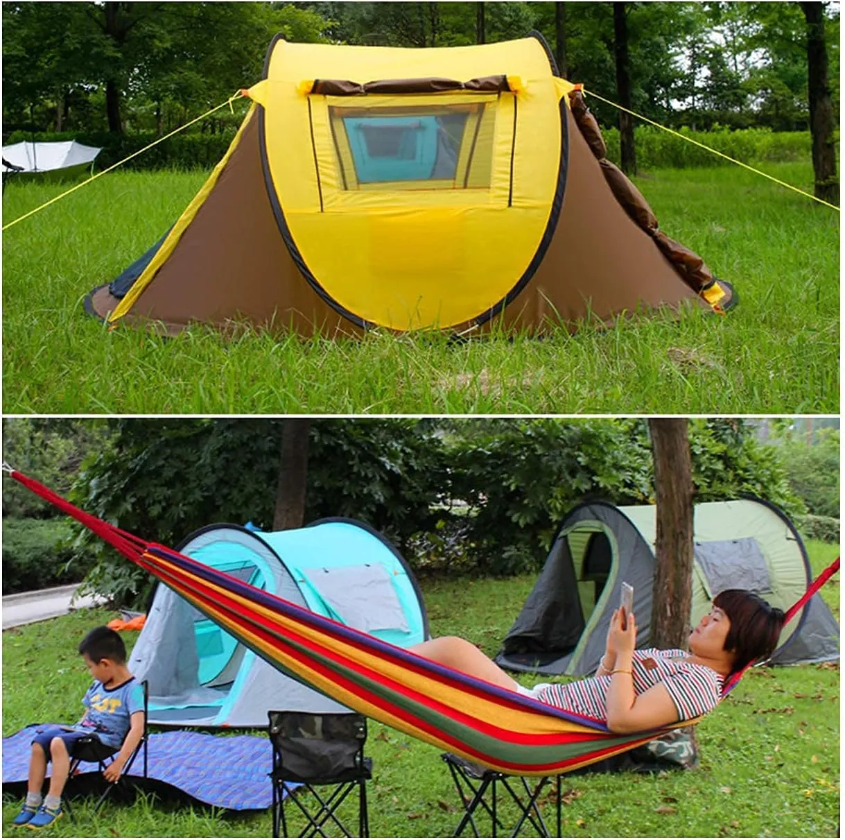 Pop Up Tent - 2 Layer 3-4 Person Pop-Up Tunnel Tent,Camping Tent,Dome Tent with 2 Doors 2 Window
