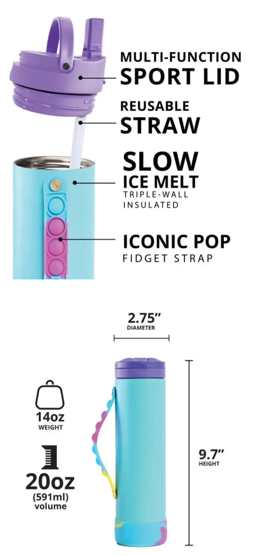 Poppin' Blue Tye Dye 20oz Iconic Pop Elemental Bottle