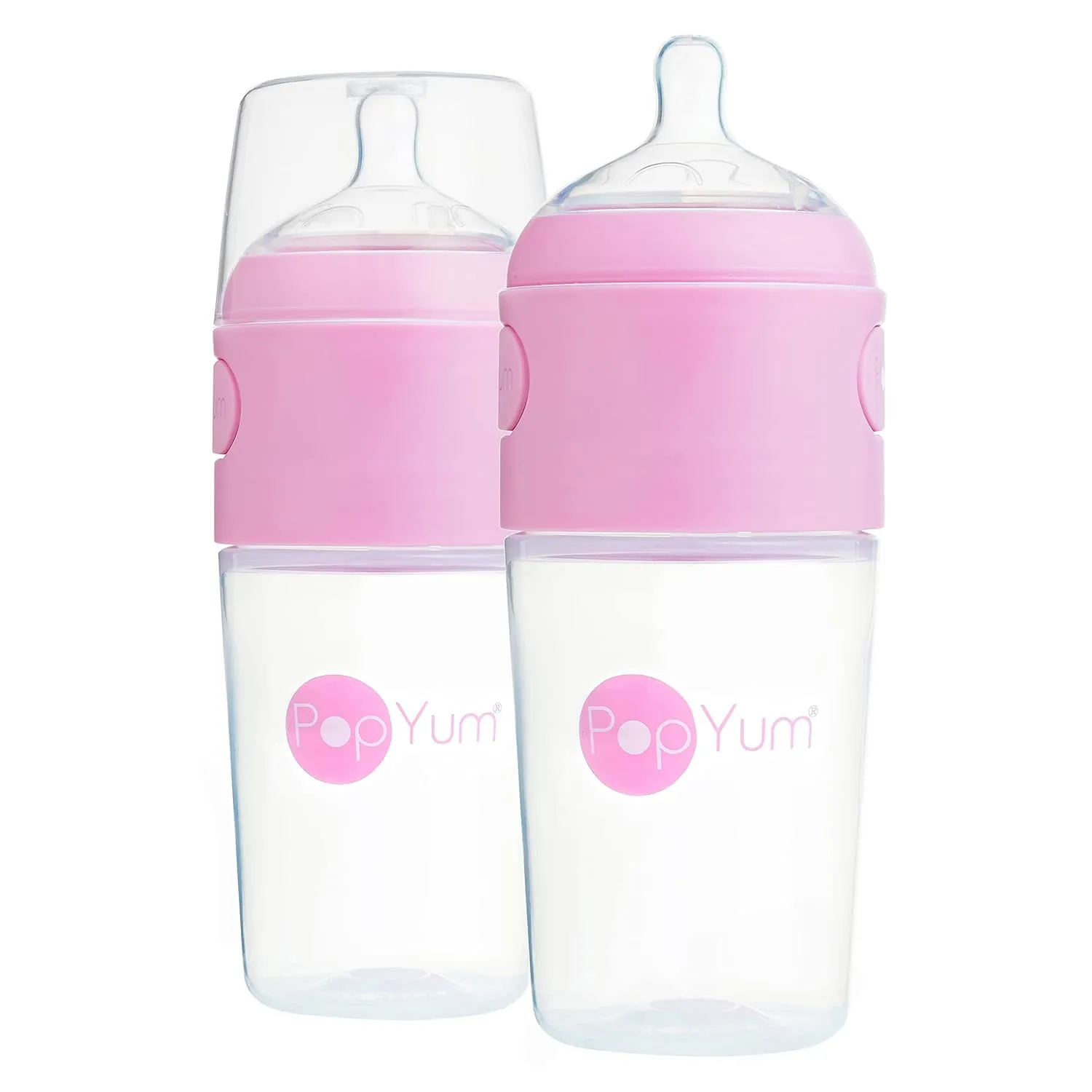 PopYum 9 oz Pink Anti-Colic Formula Making/Mixing/Dispenser Baby Bottles, 2-Pack with #2 Medium Flow Nipples, 260 ml, BPA-Free, Natural Latch