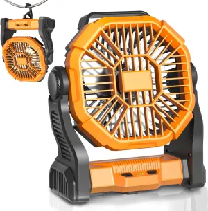 Portable Battery Operated Fan with LED Lantern, 10400mAh Outdoor Small Rechargeable Quiet Camping Fan, Personal Desk Fan Cooling Table Fan with Hanging Hook for Picnic Barbecue Fishing Travel (Orange)