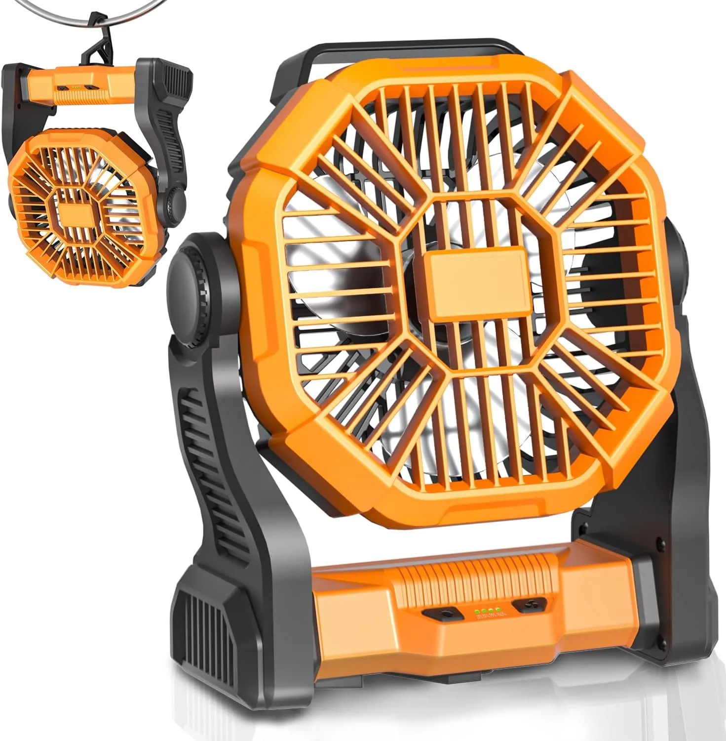 Portable Battery Operated Fan with LED Lantern, 10400mAh Outdoor Small Rechargeable Quiet Camping Fan, Personal Desk Fan Cooling Table Fan with Hanging Hook for Picnic Barbecue Fishing Travel (Orange)