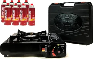 Portable Butane Gas Stove & 8 Pack Butane Canisters Complete Set With Carrying Case - Full Stainless Steel Body Electronic Ignition for Outdoor Camping Tailgating Backyard