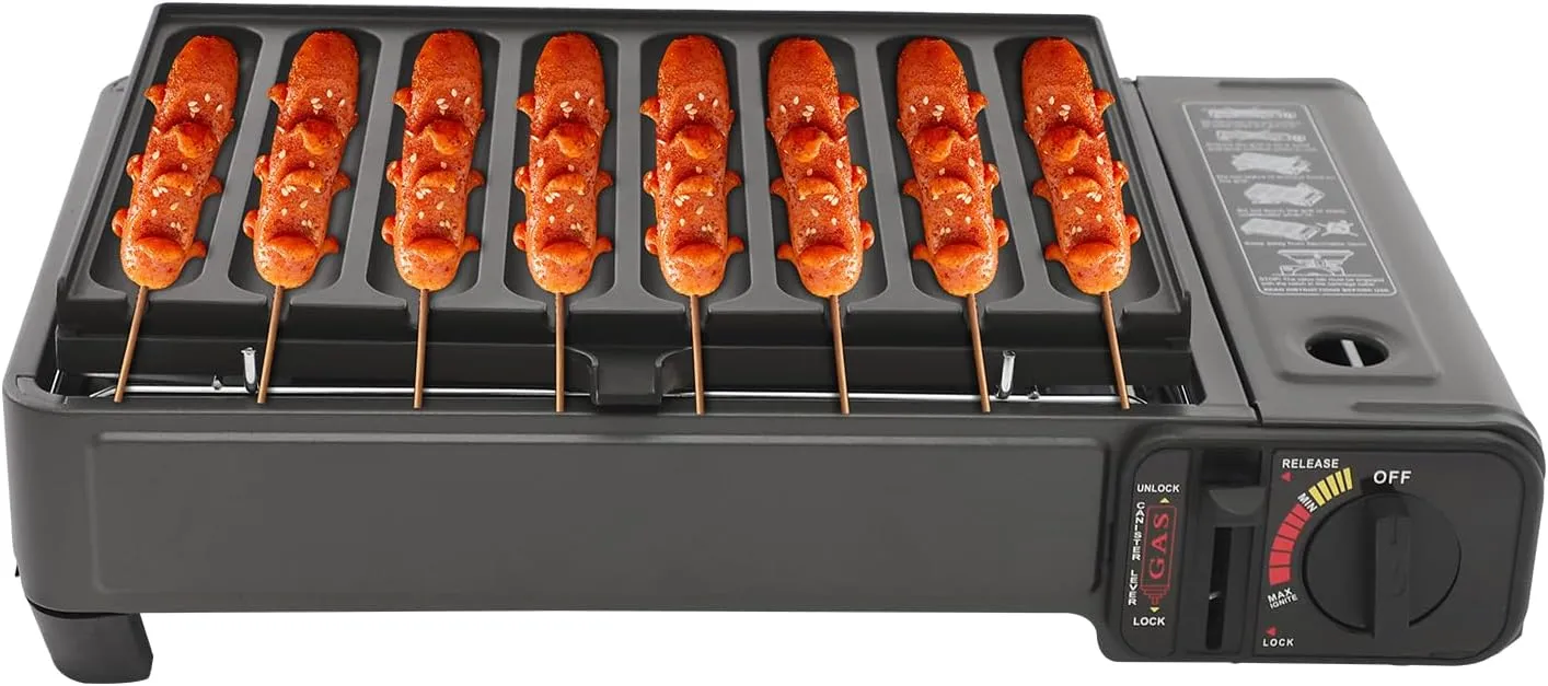 Portable Butane Grill Stove for Camping, Outdoor BBQ Gas Stove with Sausage Grill Plate, Flame Control, Carrying Case & Canister Lock – Freestanding Tabletop Grills for Travel & Outdoor Cooking
