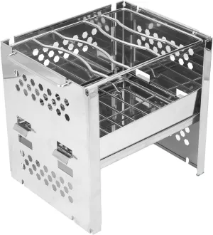 Portable Camp Stove Square BBQ Stove Outdoor Cooking Stove Foldable Stainless Steel Stove with Baffle for Gas Charcoal Wood Camping Hiking Backpacking