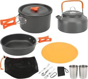 Portable Camping Cookware Mess Kit for Backpacking, Lightweight and Compact, Self Rebounding Handle Pots and Pans, Hard Oxidized Aluminum Material, to Carry and Store,
