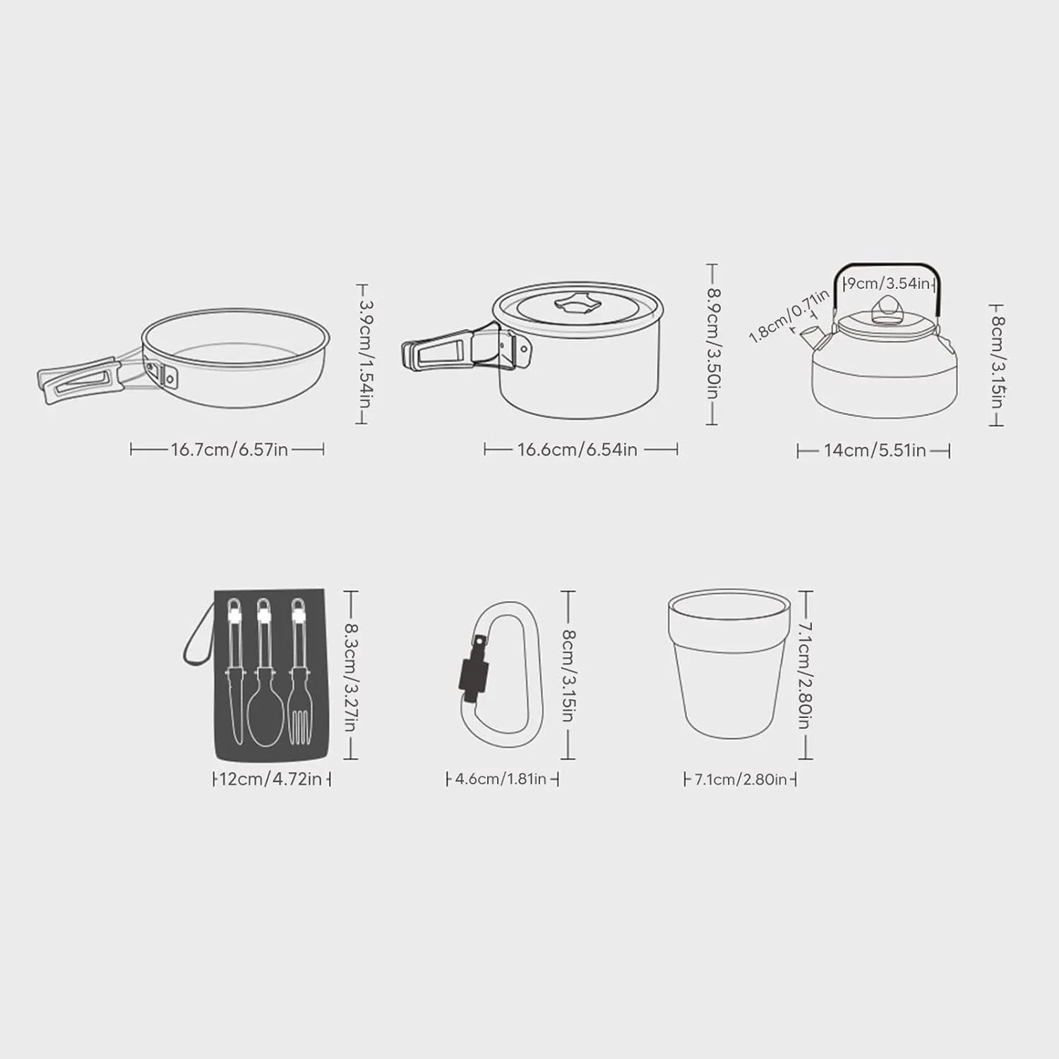 Portable Camping Cookware Mess Kit for Backpacking, Lightweight and Compact, Self Rebounding Handle Pots and Pans, Hard Oxidized Aluminum Material, to Carry and Store,