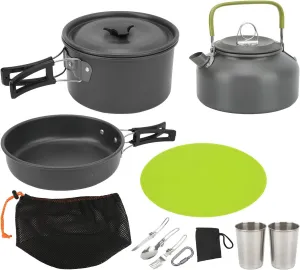 Portable Camping Cookware Mess Kit, Lightweight Aluminum Oxide Pots Pans Set, Foldable Cutlery, Easy Carry for Backpacking Hiking