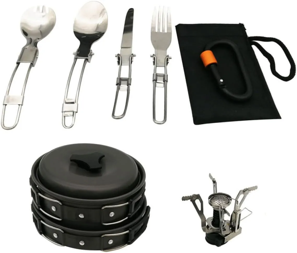 Portable Camping Cookware Set 1-2 Person Cooking Equipment Soup Pot Kit for Camping Hiking Outdoor Kitchenware