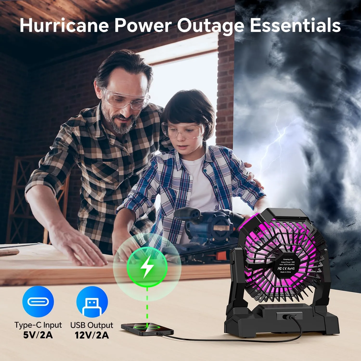 Portable Camping Fan with LED Lantern, 20000mAh Rechargeable Battery Operated Fan with 3 Speeds & Digtal, Personal USB Table for Camping Essential ＆ Hurricane-Ready
