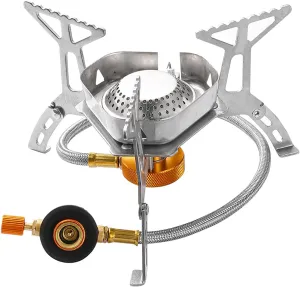 Portable Camping Stove with Electric Ignition, Windshield, Small Portable Camping stoves, Stainless Steel Mini Single Gas Burner with Carrying Case for Backpacking, Picnic, Travel