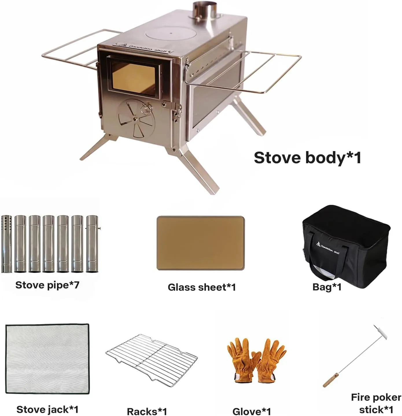 Portable Camping Wood Stove with View Glass and Cooking Function, 8 Stainless Steel Chimneys for Shelter, Hunting, Outdoor Cooking, and Heating (304 Stainless Steel)