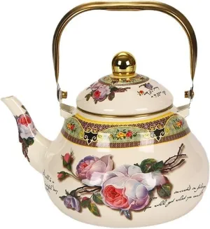 Portable Enamel Camping Floral Tea Pot, Lightweight Vintage Style Kettle for Backpackers