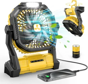 Portable Fan Rechargeable, 20000mah Cordless Battery Powered Fan with LED Lantern, USB Battery Operated for Travel Bedroom Home Camping Tent Office Beach Desk Picnic Fishing Table