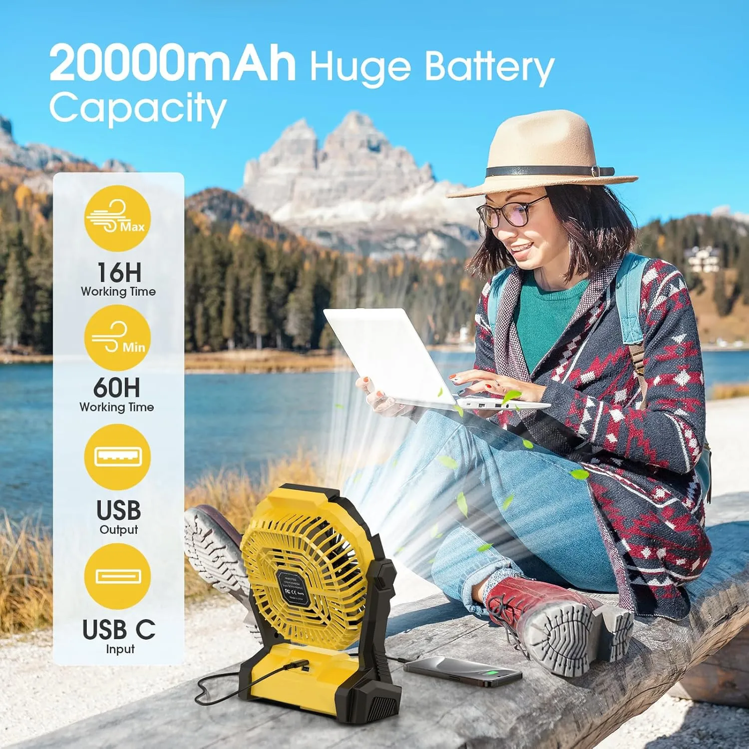 Portable Fan Rechargeable, 20000mah Cordless Battery Powered Fan with LED Lantern, USB Battery Operated for Travel Bedroom Home Camping Tent Office Beach Desk Picnic Fishing Table