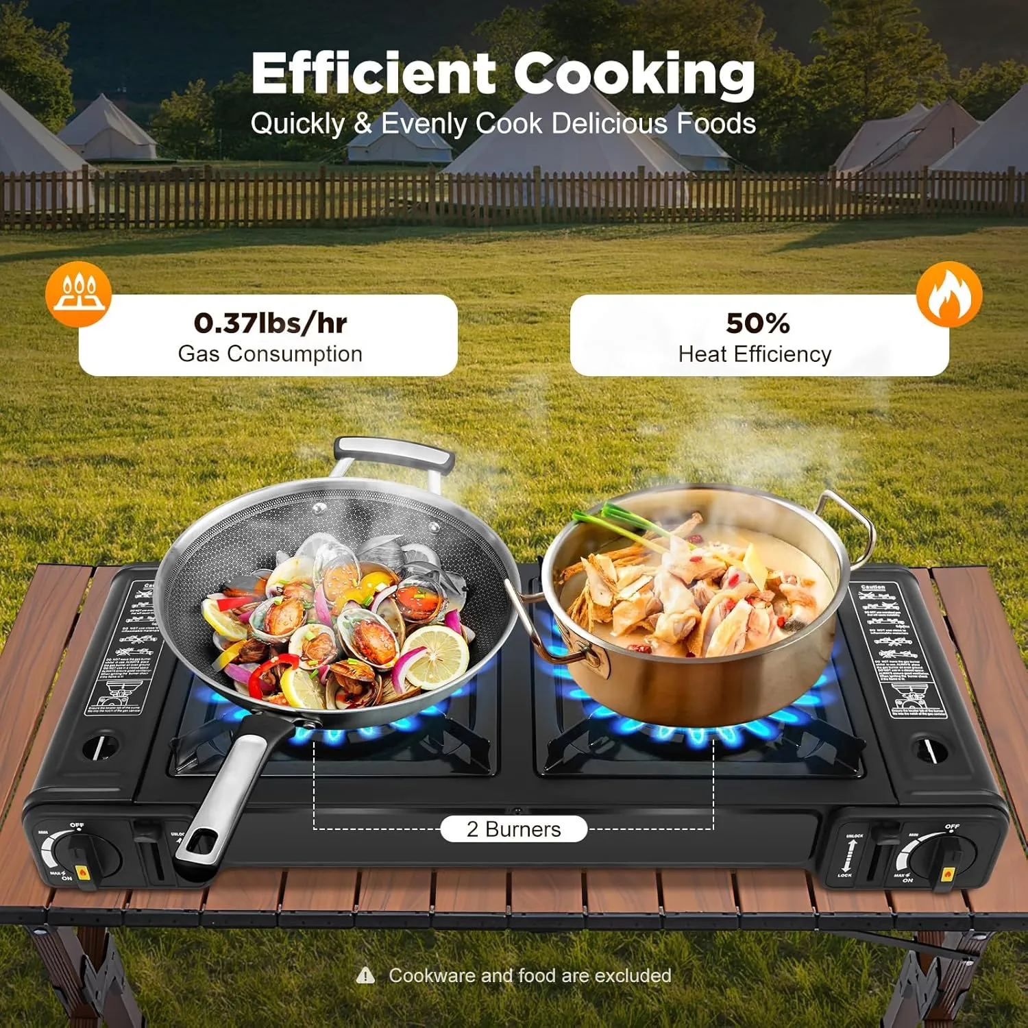 Portable Gas Stove, 2-Burner Butane Camping Stove with Carry Case, Outdoor Kitchens LPG Stove, Automatic Ignition Outdoor Indoor Cooking Gear