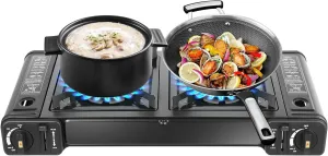 Portable Gas Stove, 2-Burner Butane Camping Stove with Carry Case, Outdoor Kitchens LPG Stove, Automatic Ignition Outdoor Indoor Cooking Gear