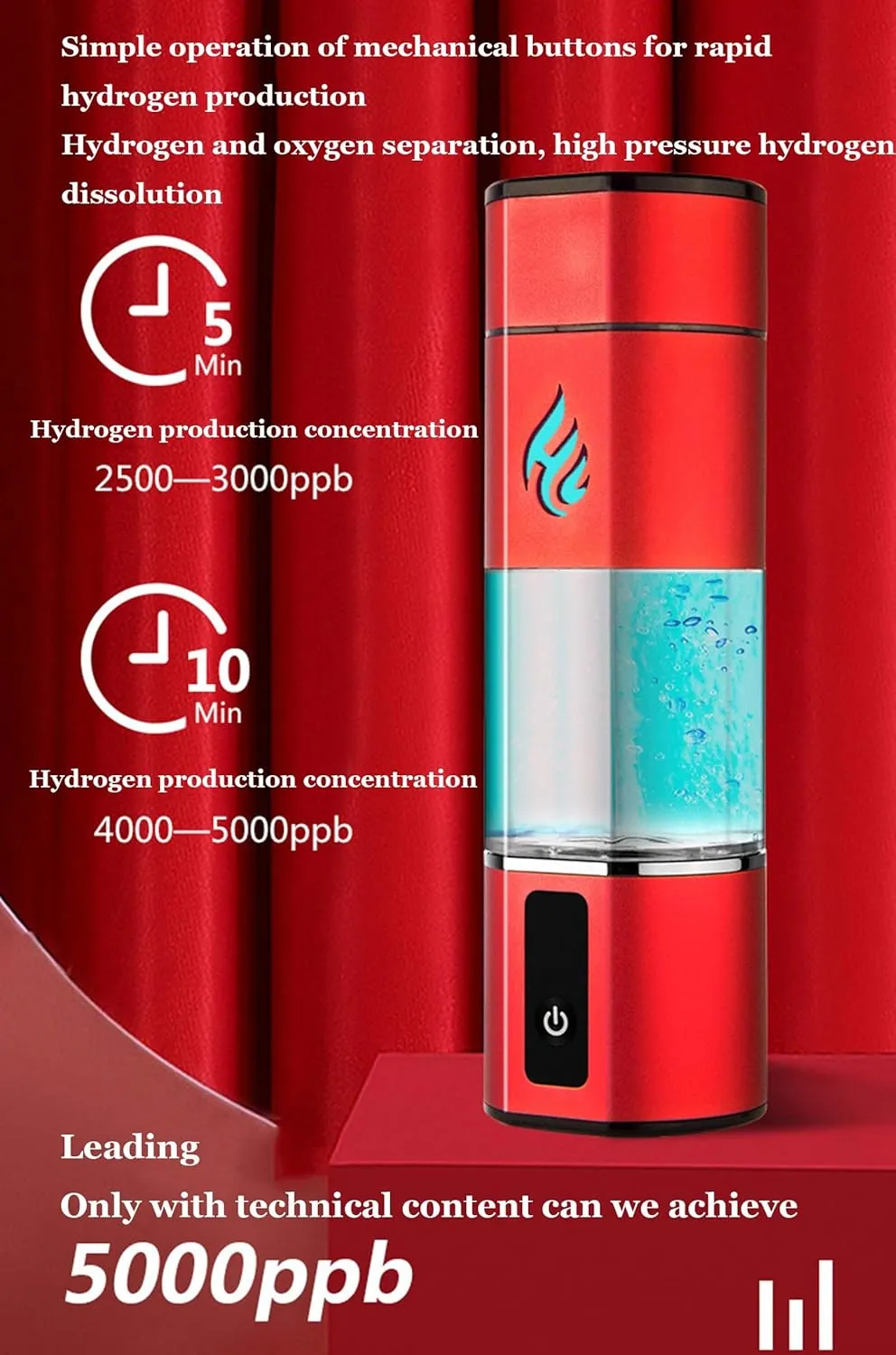 Portable Hydrogen-Rich Water Bottle, SPE Technology, Water Hydrogen Generator 5000 PPB, H2 Electrolysi Lonizer Maker Water Cup, for Travel Fitness