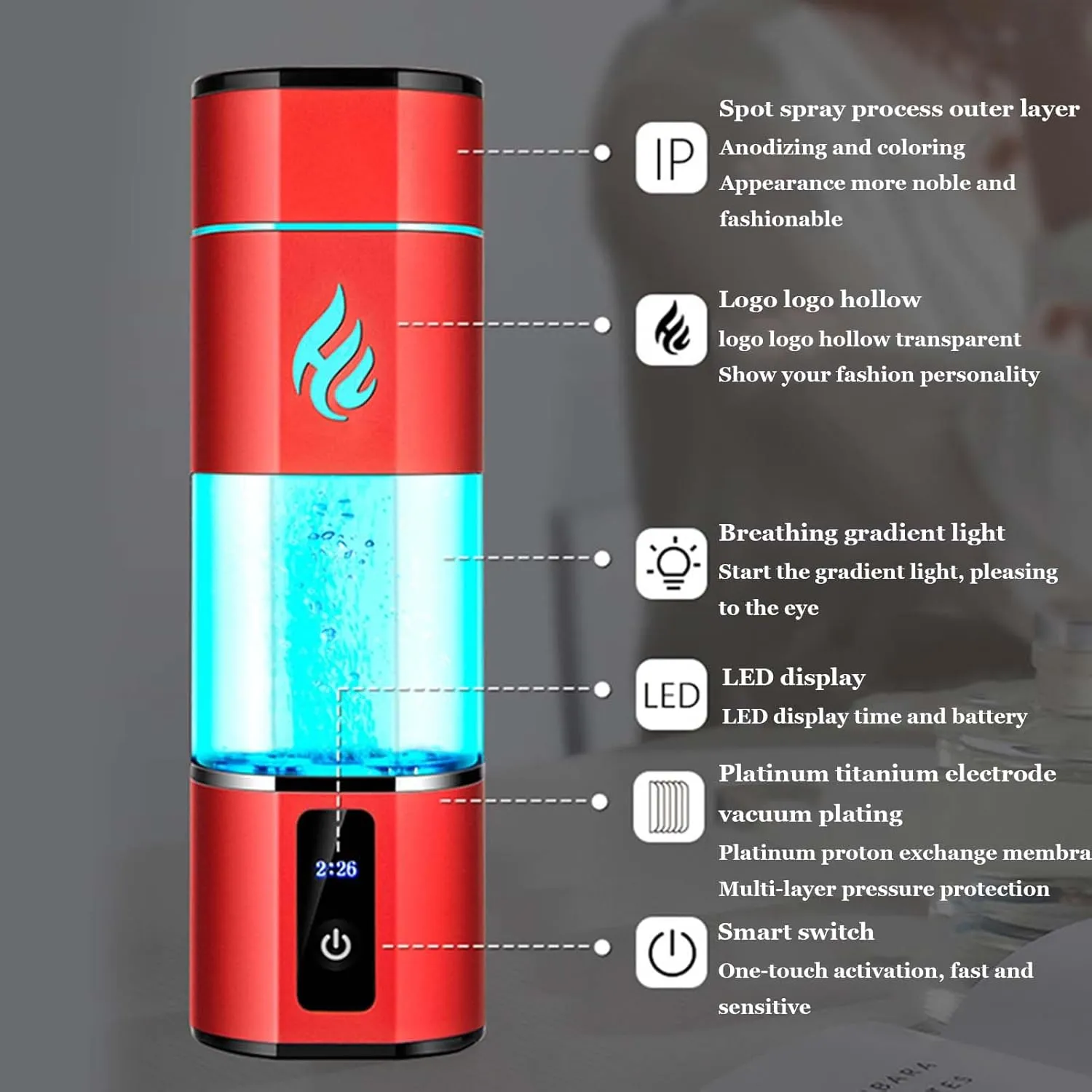 Portable Hydrogen-Rich Water Bottle, SPE Technology, Water Hydrogen Generator 5000 PPB, H2 Electrolysi Lonizer Maker Water Cup, for Travel Fitness