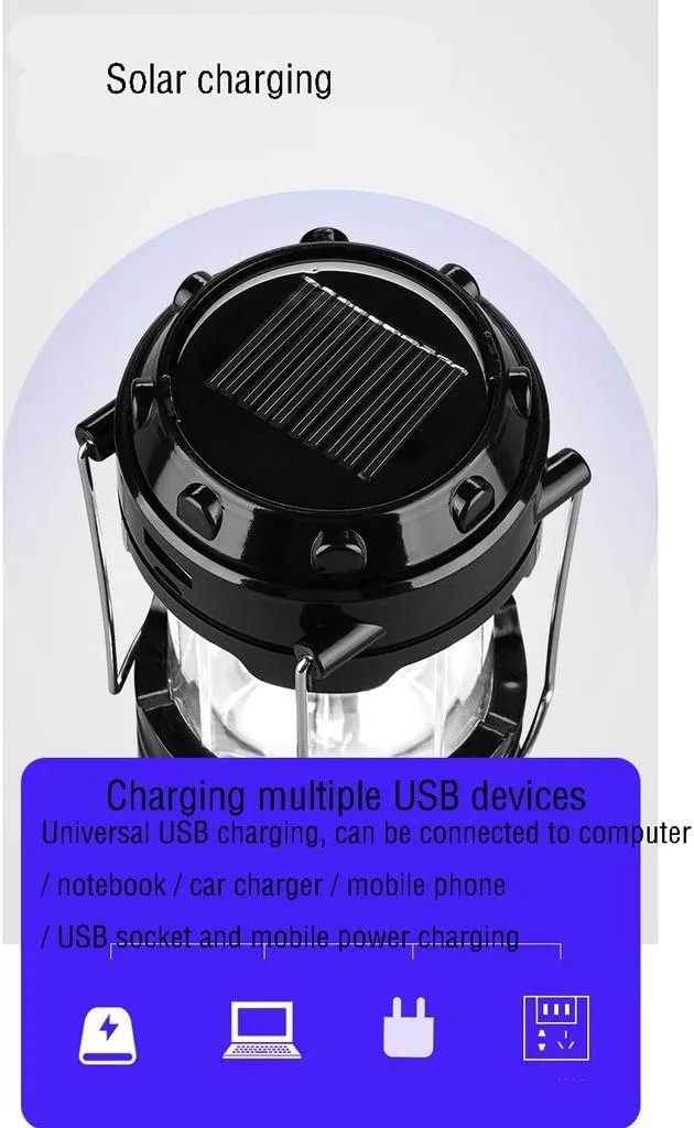 Portable Lamp Camping Lantern Solar Rechargeable Lamp Waterproof for Tent Lantern/Patio/Garden/Power Failure (Size : Black-Luxury)