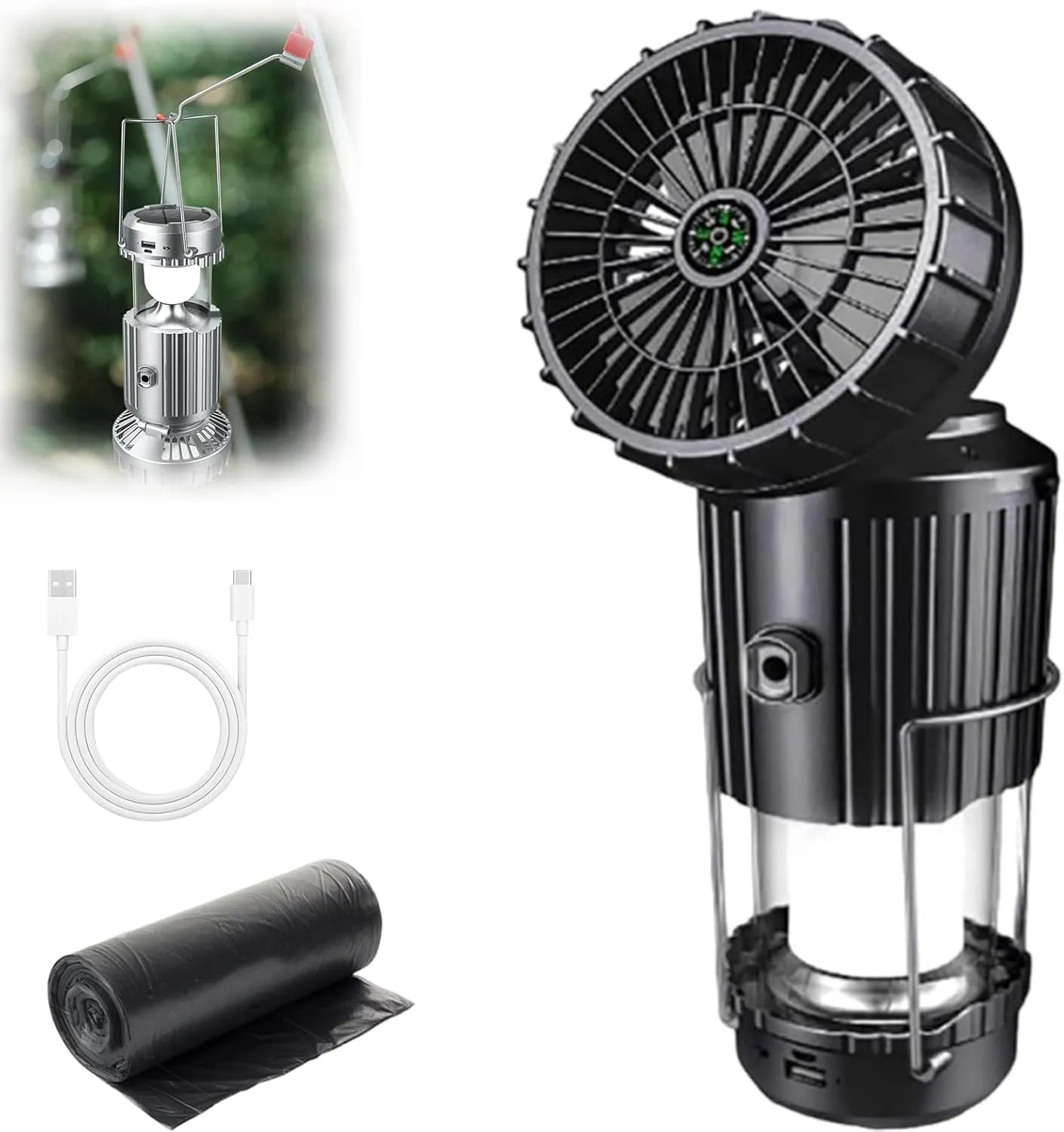 Portable LED Camping Lantern with Fan, 6 in 1 Rechargeable LED Lanterns Camping Fans, Multifunctional Solar Camping Lantern for Tents Power Outage Hurricanes Camping Gear (Black 3000Mah)